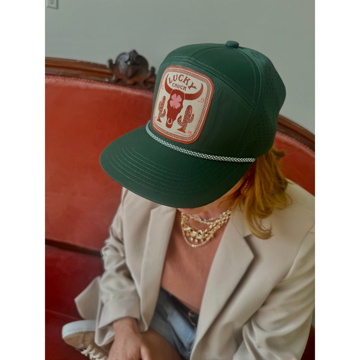 Desert Dreamer Patch 7 Panel Hat with Rope - Dark Green
